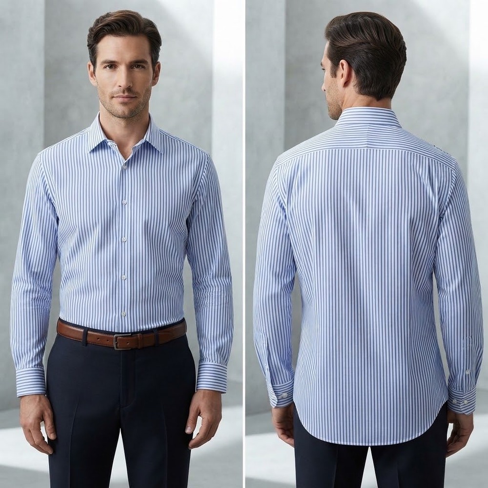 Neiman Marcus Mens Trim Fit Dress Shirt Blue White Stripe 16 32/33 Wrinkle Free